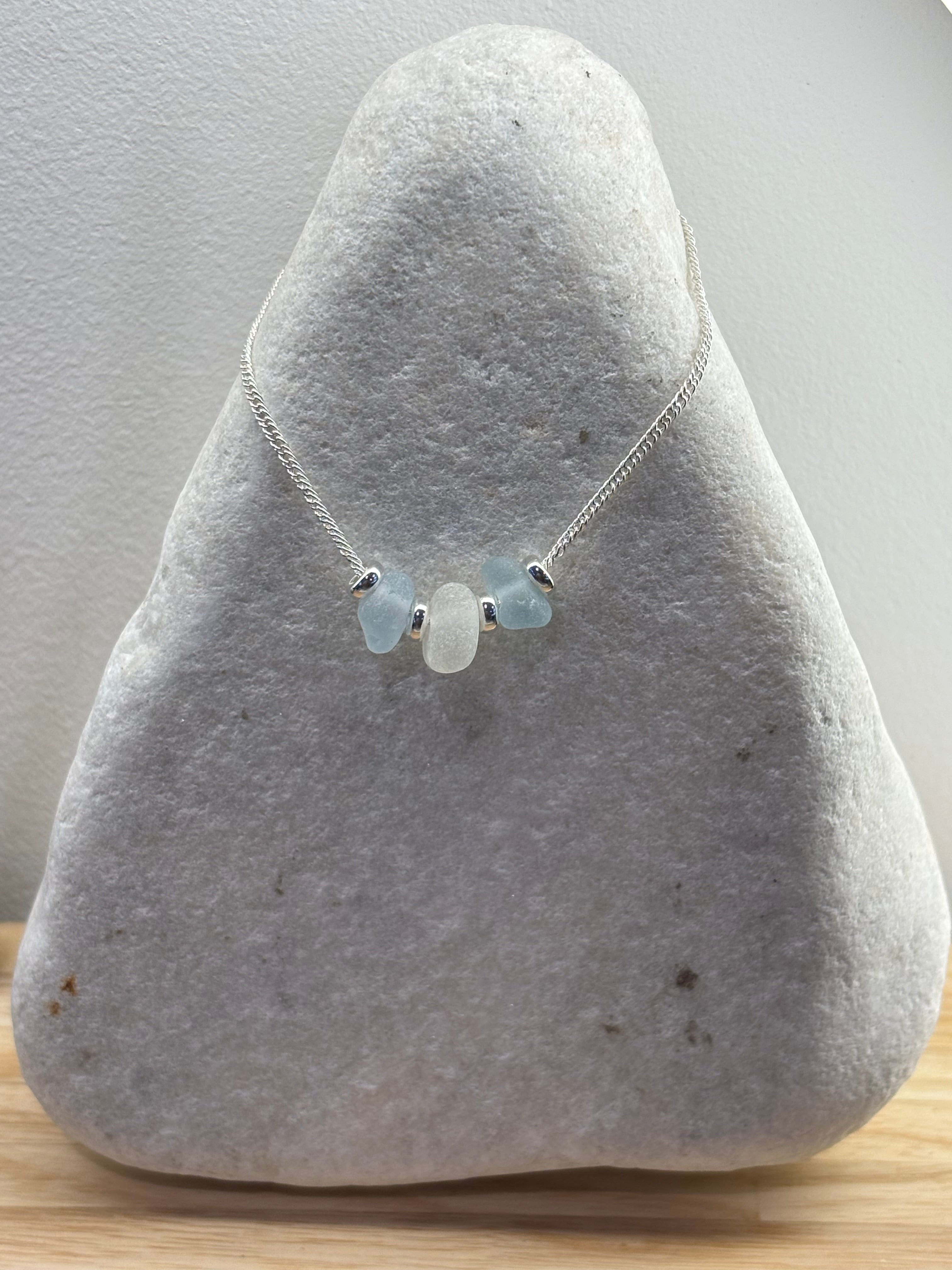 Handmade sea glass necklace pale blue & white seaham sea glass with silver beads and chain