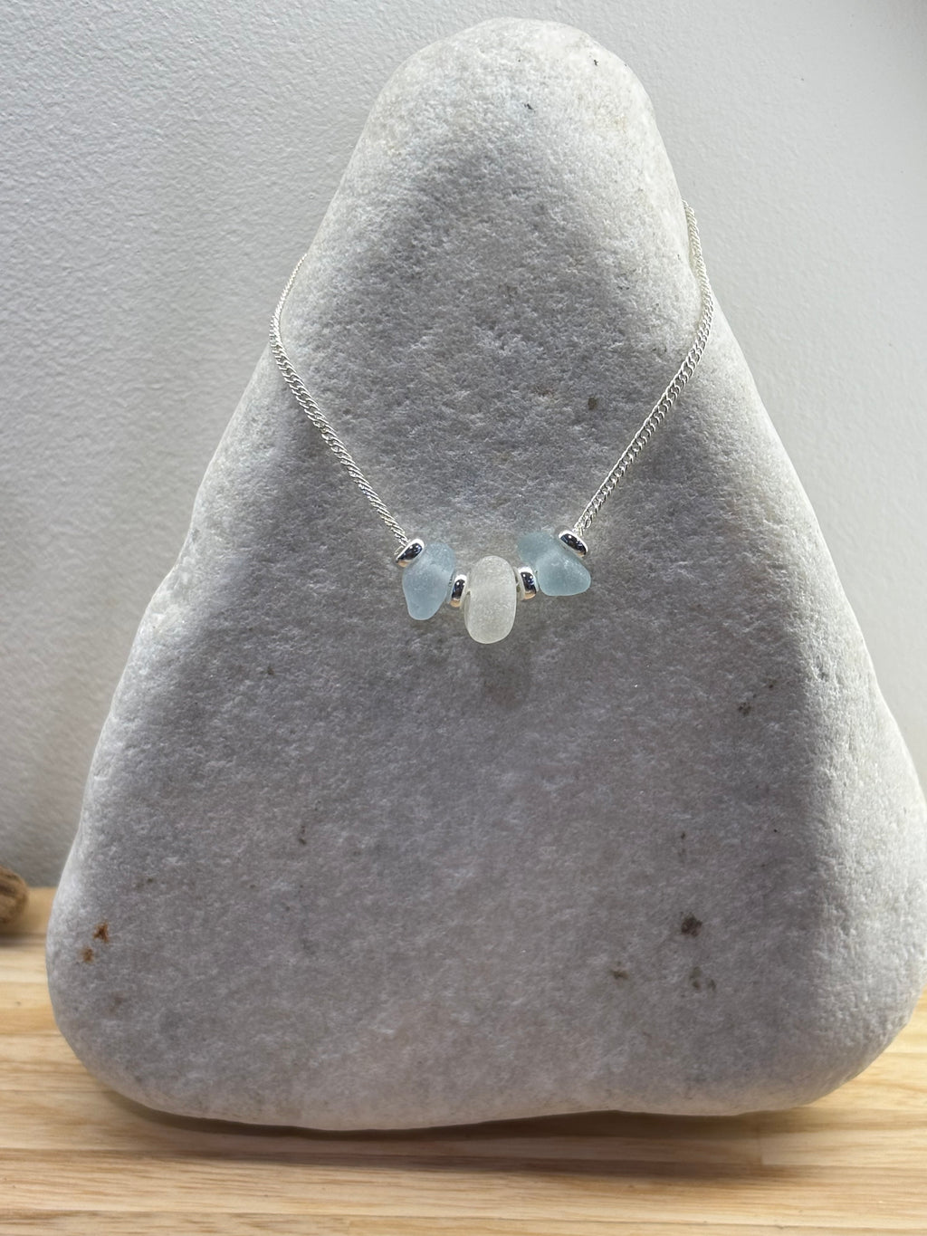 Handmade sea glass necklace pale blue & white seaham sea glass with silver beads and chain