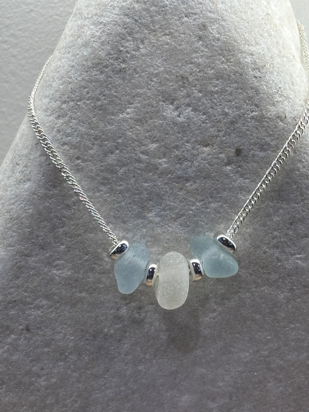 Handmade sea glass necklace pale blue & white seaham sea glass with silver beads and chain