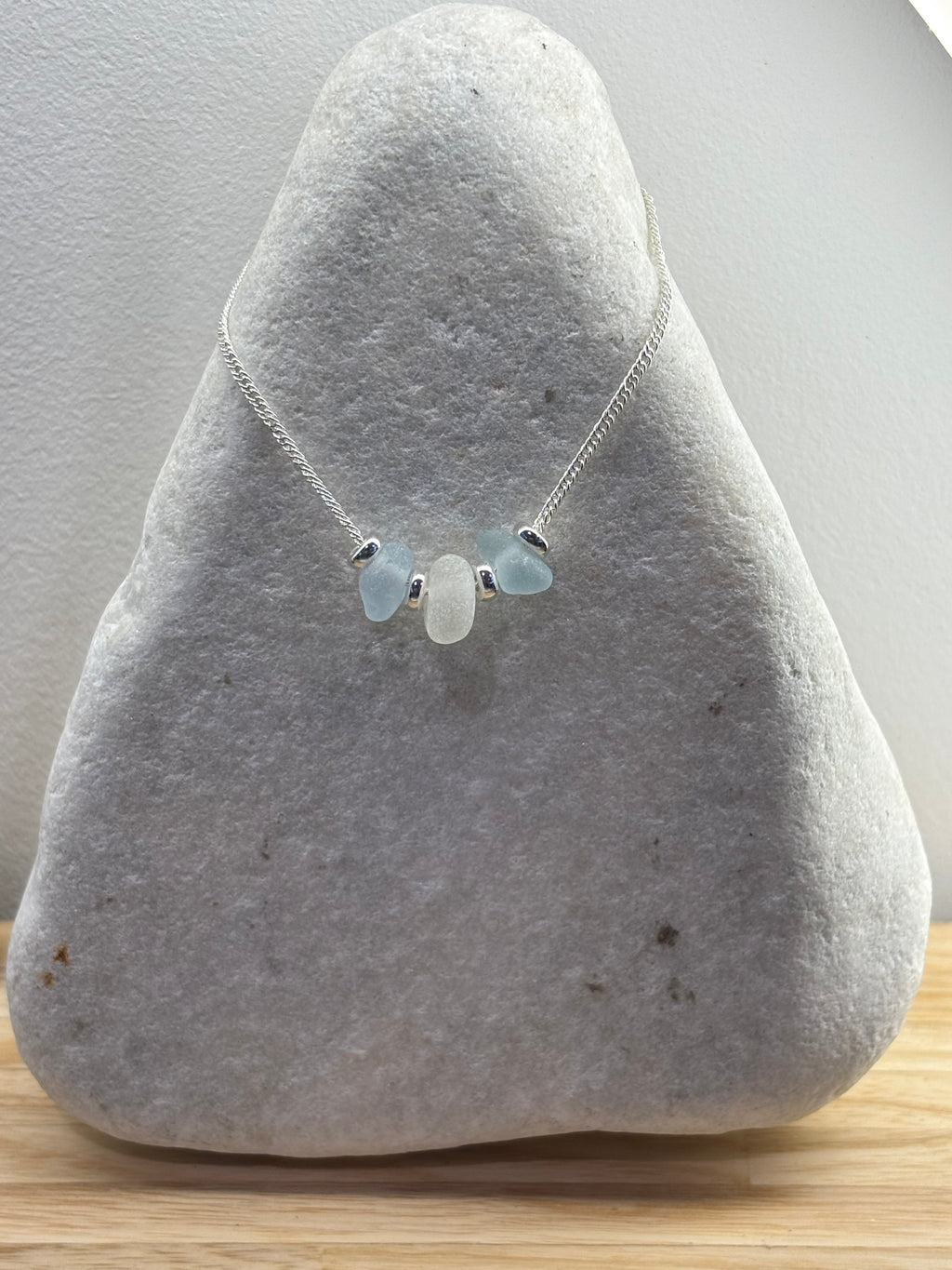 Handmade sea glass necklace pale blue & white seaham sea glass with silver beads and chain