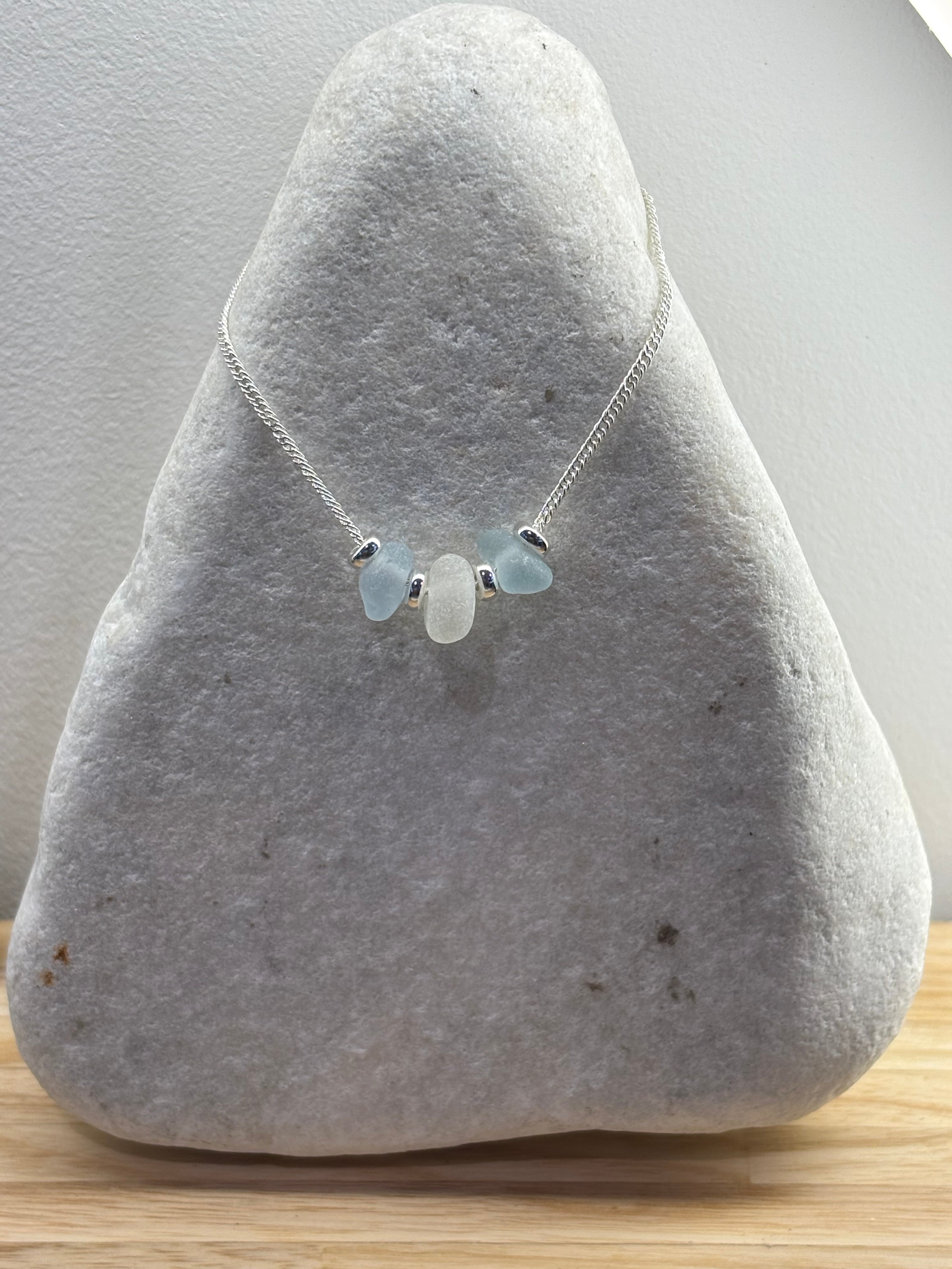 Handmade sea glass necklace pale blue & white seaham sea glass with silver beads and chain