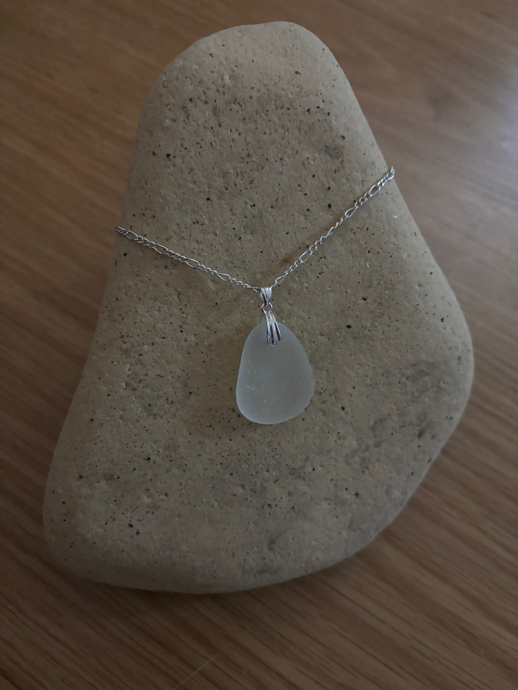 Akrotiri Solace - Clear Seaglass Pendant on Silver Figaro Chain (Crete)