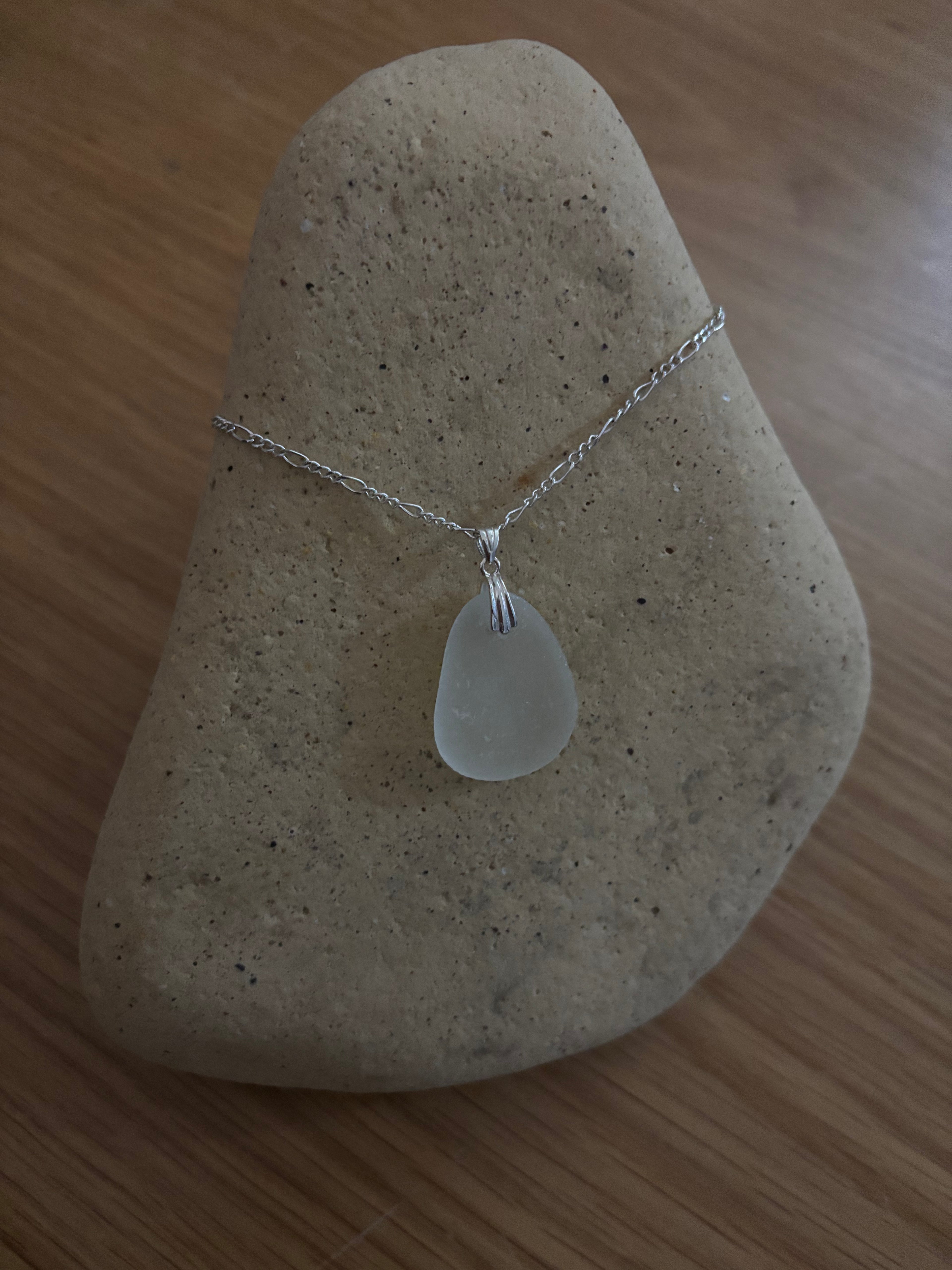 Akrotiri Solace - Clear Seaglass Pendant on Silver Figaro Chain (Crete)