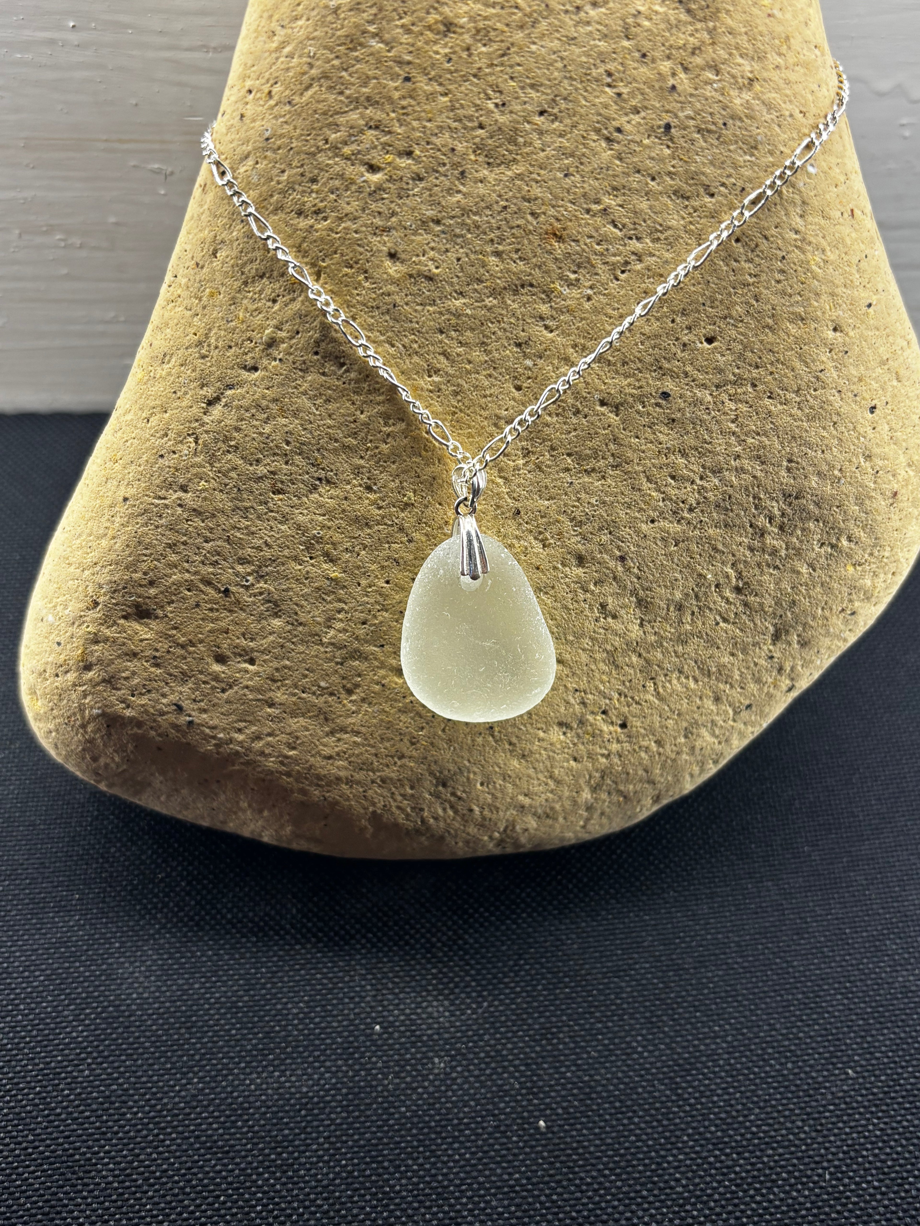 Akrotiri Solace - Clear Seaglass Pendant on Silver Figaro Chain (Crete)