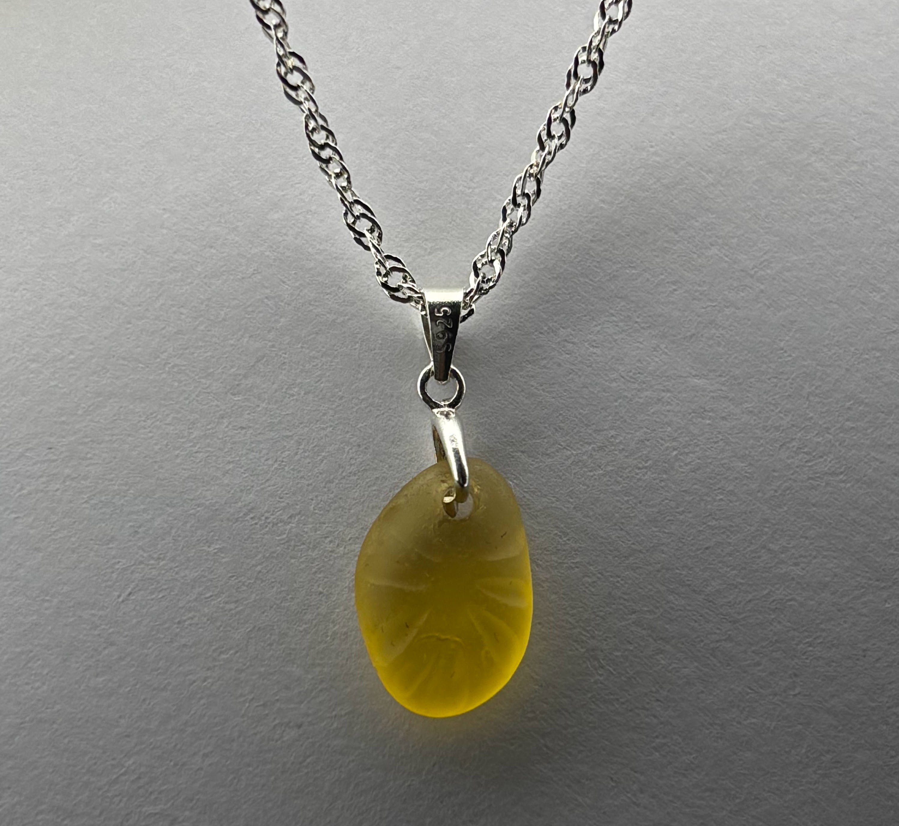 Yellow Seaham Seaglass pendant on silver chain