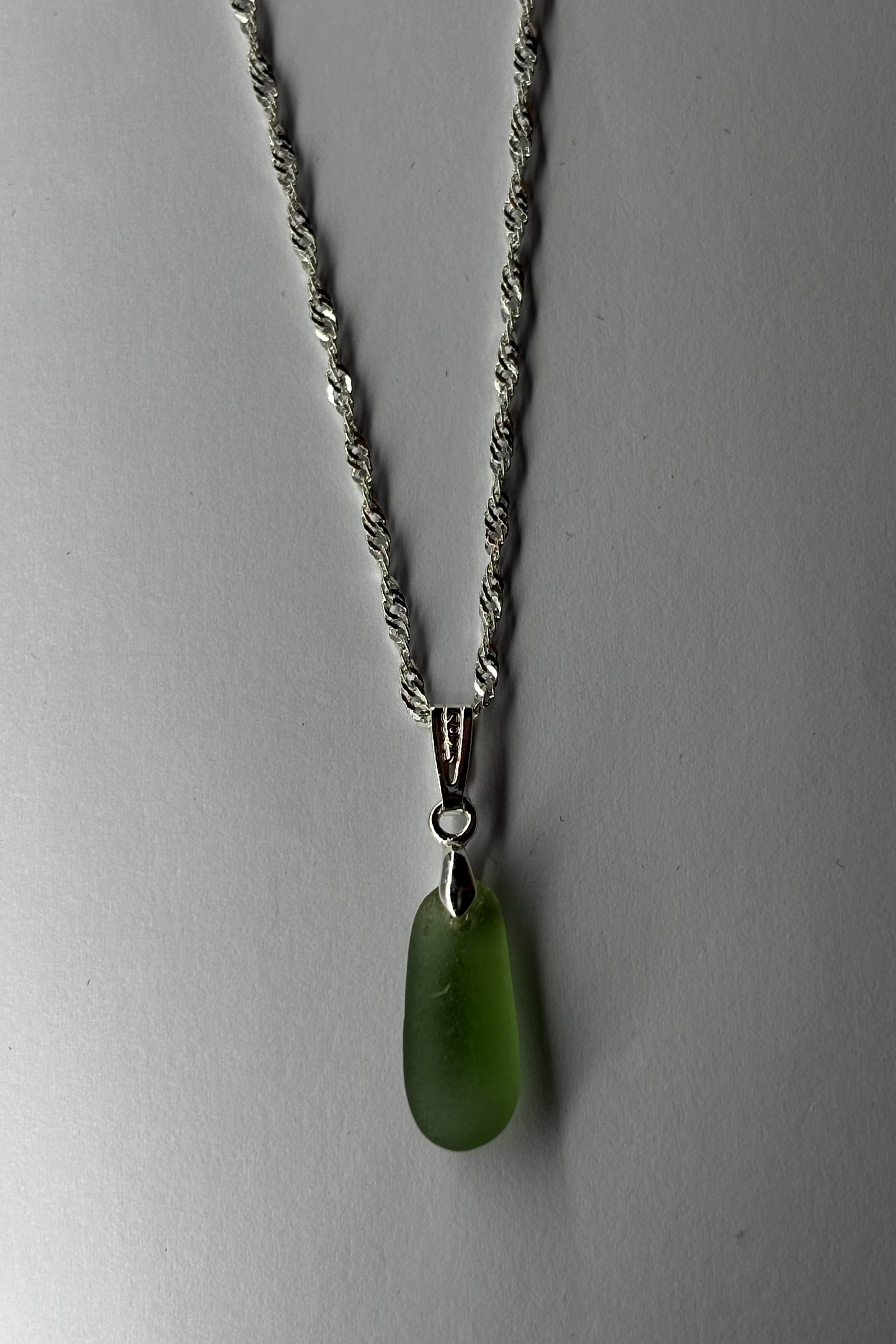 Seaham seaglass drop pale green pendant on silver plated necklace