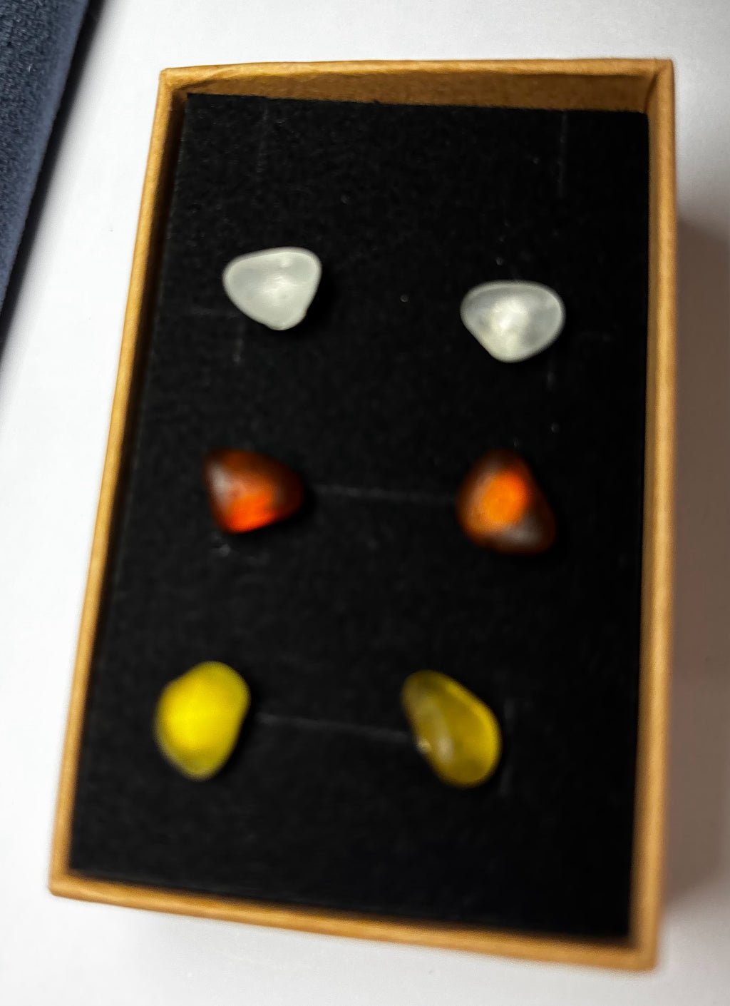 Seaham seaglass stud earrings (3 pairs) rare yellow, brown, clear