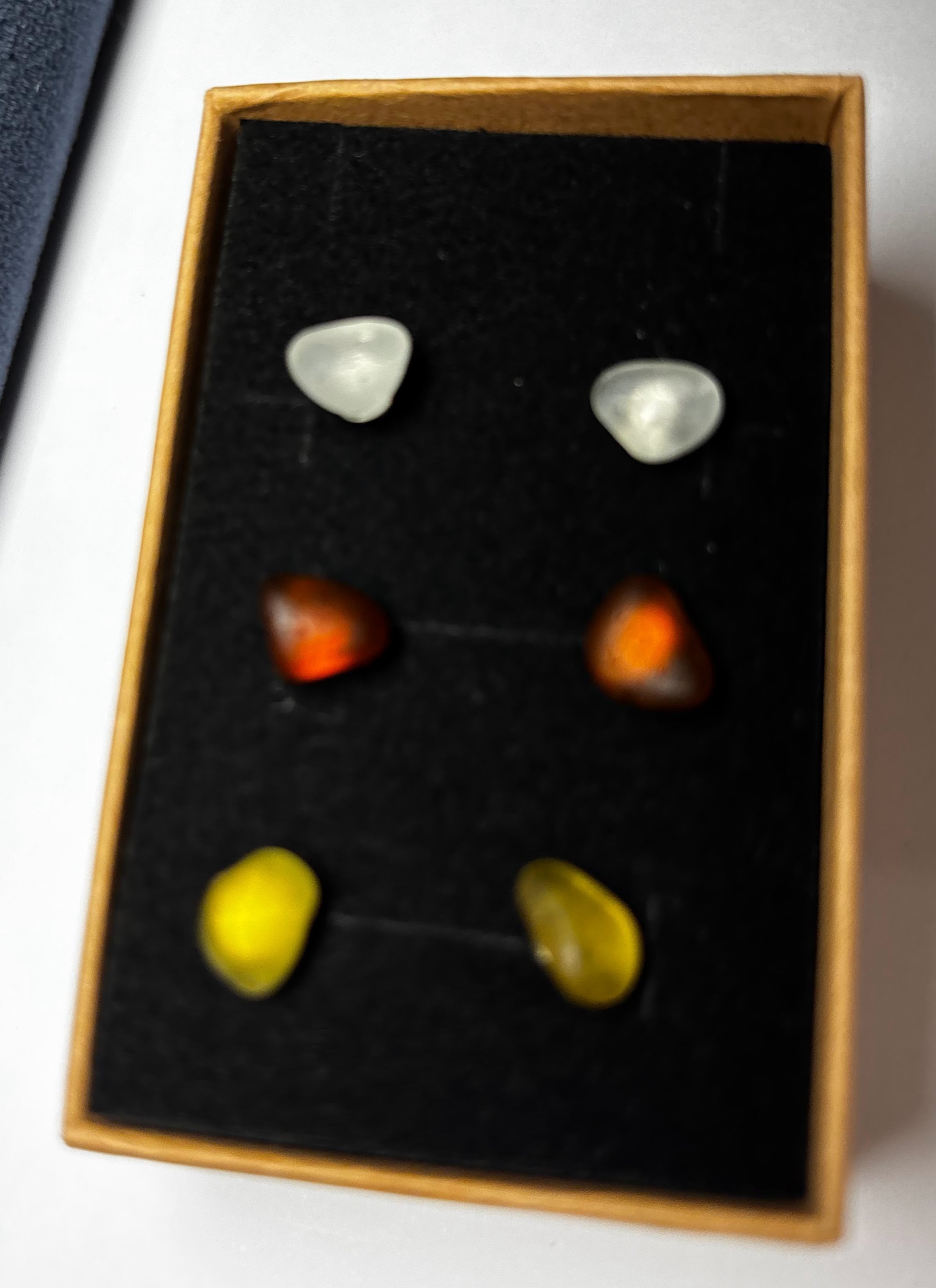 Seaham seaglass stud earrings (3 pairs) rare yellow, brown, clear