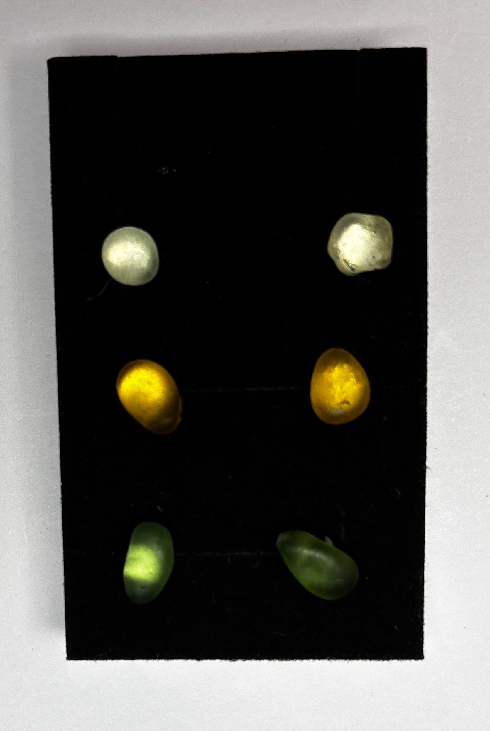 3 pairs of Seaham seaglass stud earrings (green, yellow-orange, very pale green)