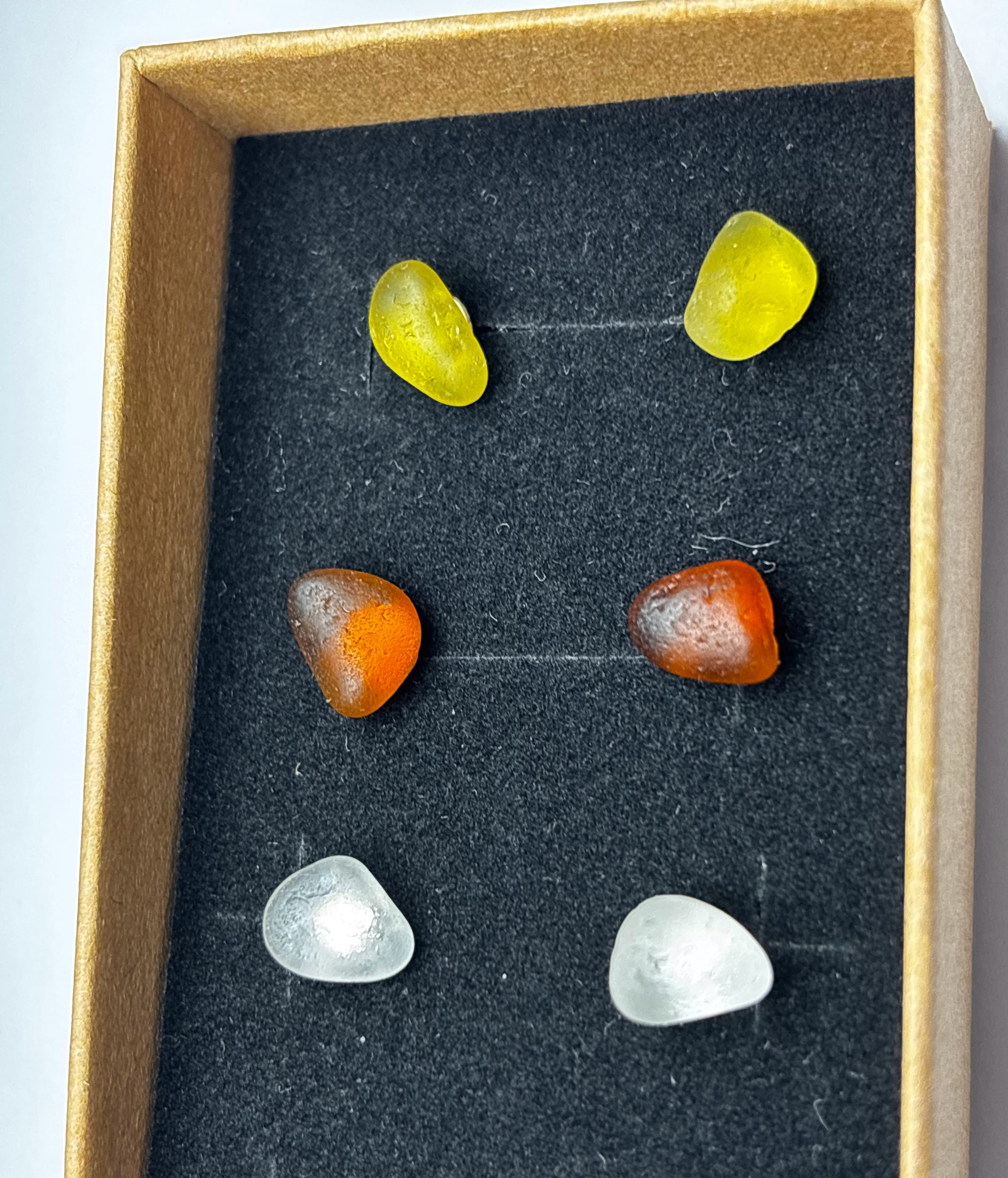 Seaham seaglass stud earrings (3 pairs) rare yellow, brown, clear